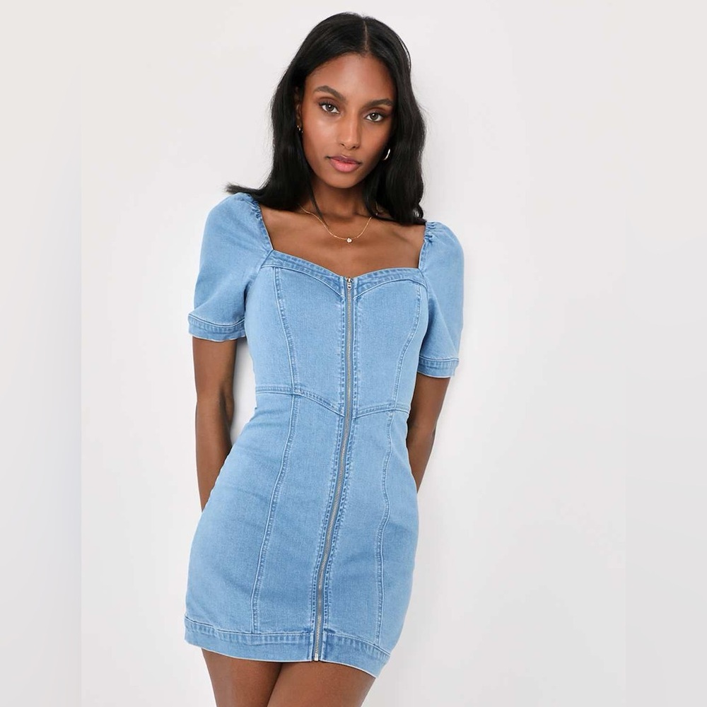 Lulus Trending Vibe Medium Wash Zip-Front Denim Dress